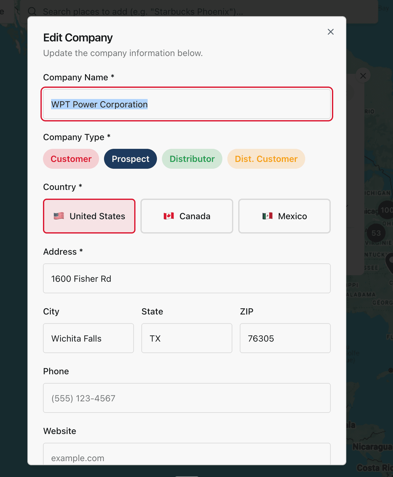 In-line editing for the pin types that match the sales model: customer, prospect, distributor, distributor customer.