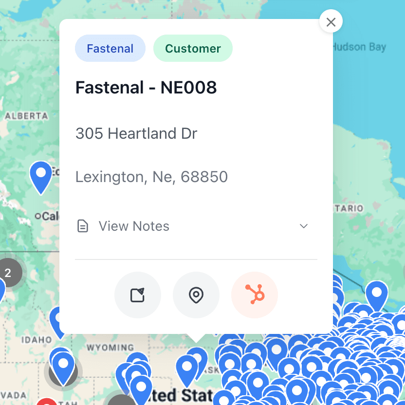 Tap any pin to open the live HubSpot record — customer, prospect, or distributor branch.